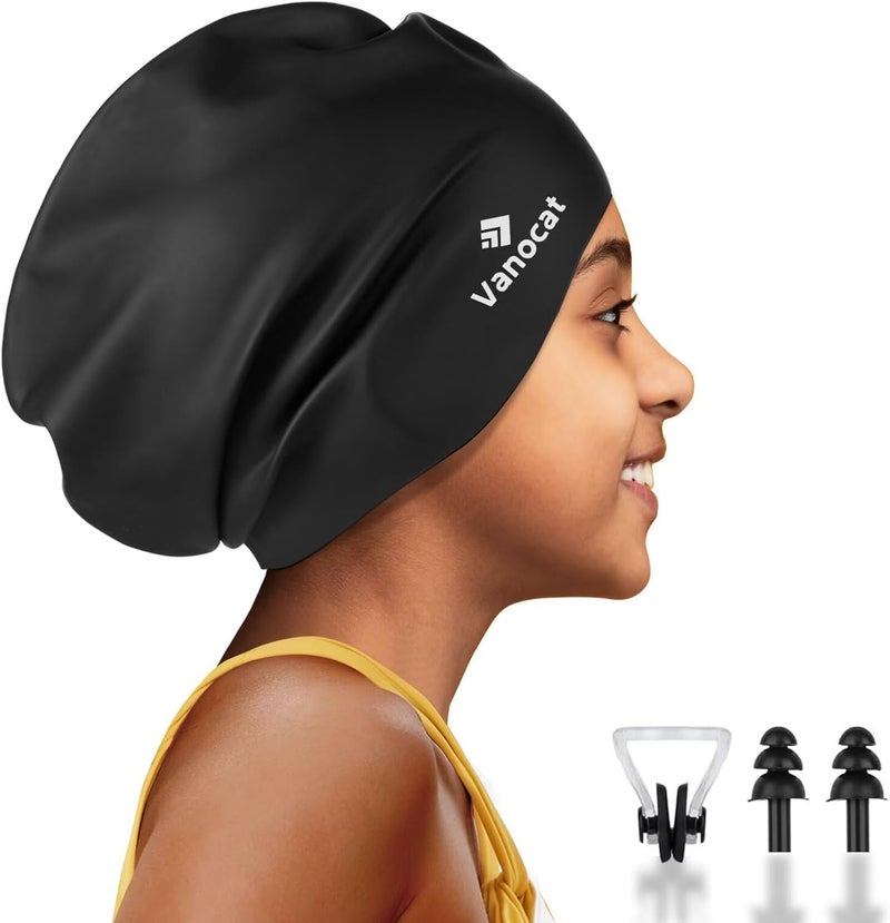 Vanocat Kids Extra Large Swim Cap for Long Hair, Waterproof Silicone Swimming Caps for Boys Girls Children Youth Teen, Large Swim Hat for Long Thick Curly Hair & Dreadlocks Braids Weaves Afro Hair - Image 1